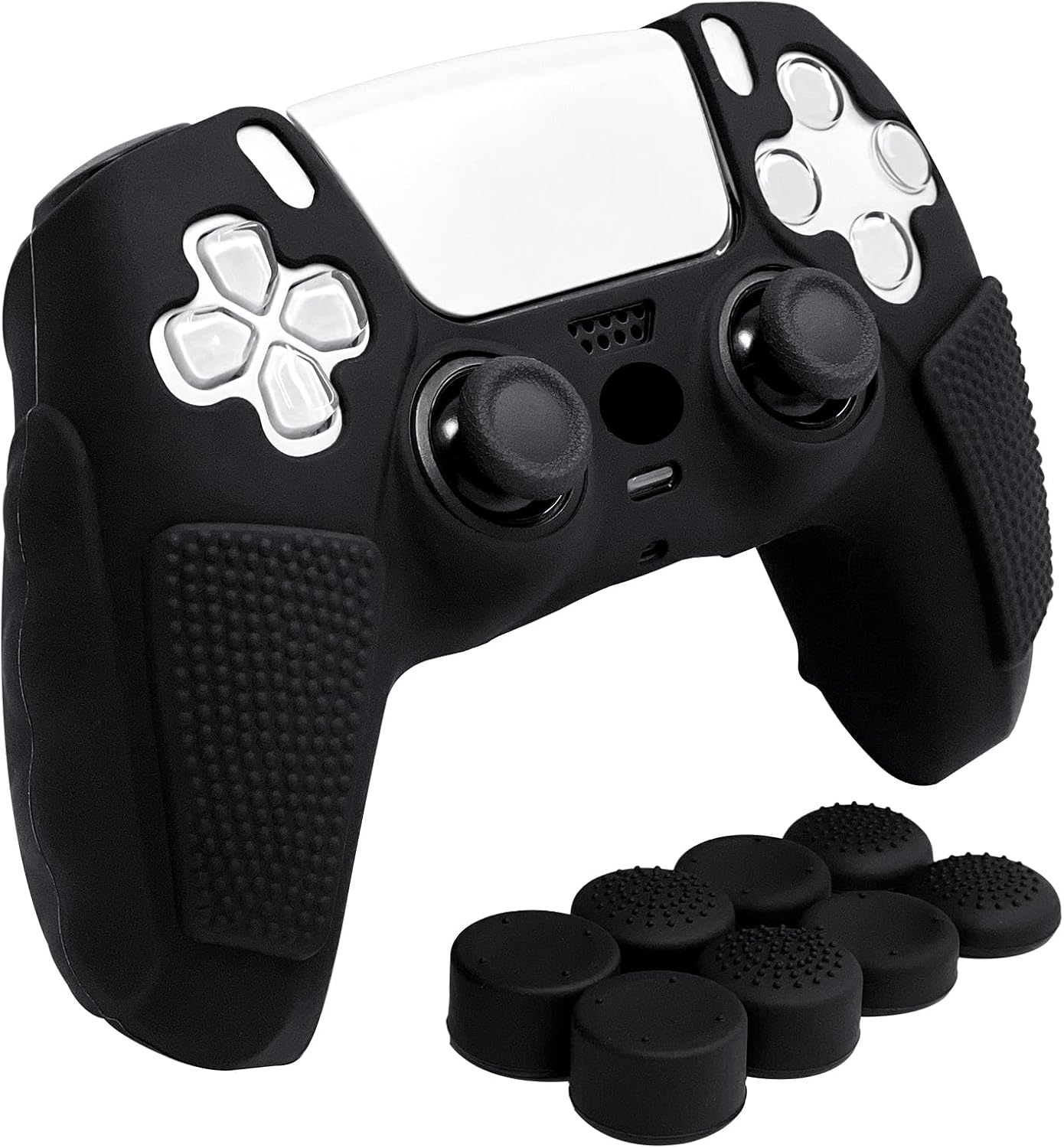Anti-Slip Black PS5 Controller Skin,Soft Thicken Studded Protective Silicone Cover Skin Grips Compatible with PS5/Slim/Pro Controller with 8 PCS Thumb Grips Caps.