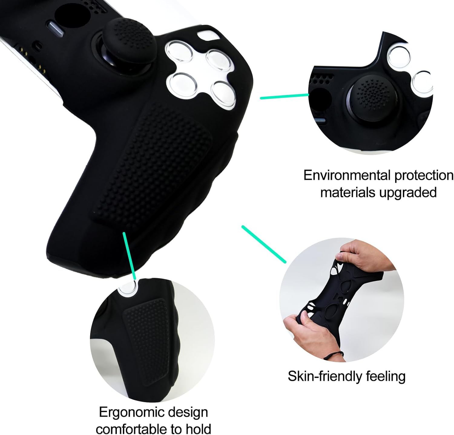 Anti-Slip Black PS5 Controller Skin,Soft Thicken Studded Protective Silicone Cover Skin Grips Compatible with PS5/Slim/Pro Controller with 8 PCS Thumb Grips Caps. - Image 2