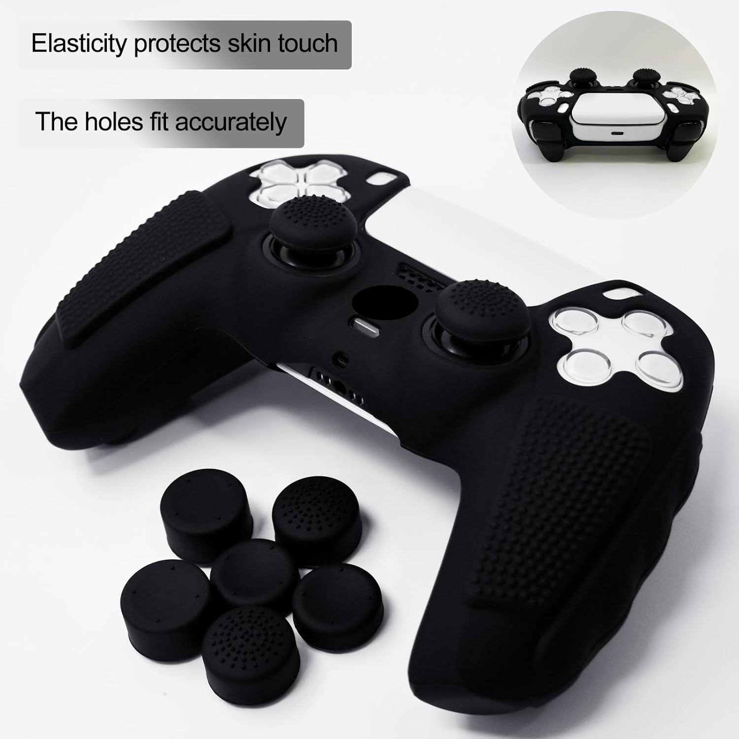 Anti-Slip Black PS5 Controller Skin,Soft Thicken Studded Protective Silicone Cover Skin Grips Compatible with PS5/Slim/Pro Controller with 8 PCS Thumb Grips Caps. - Image 3