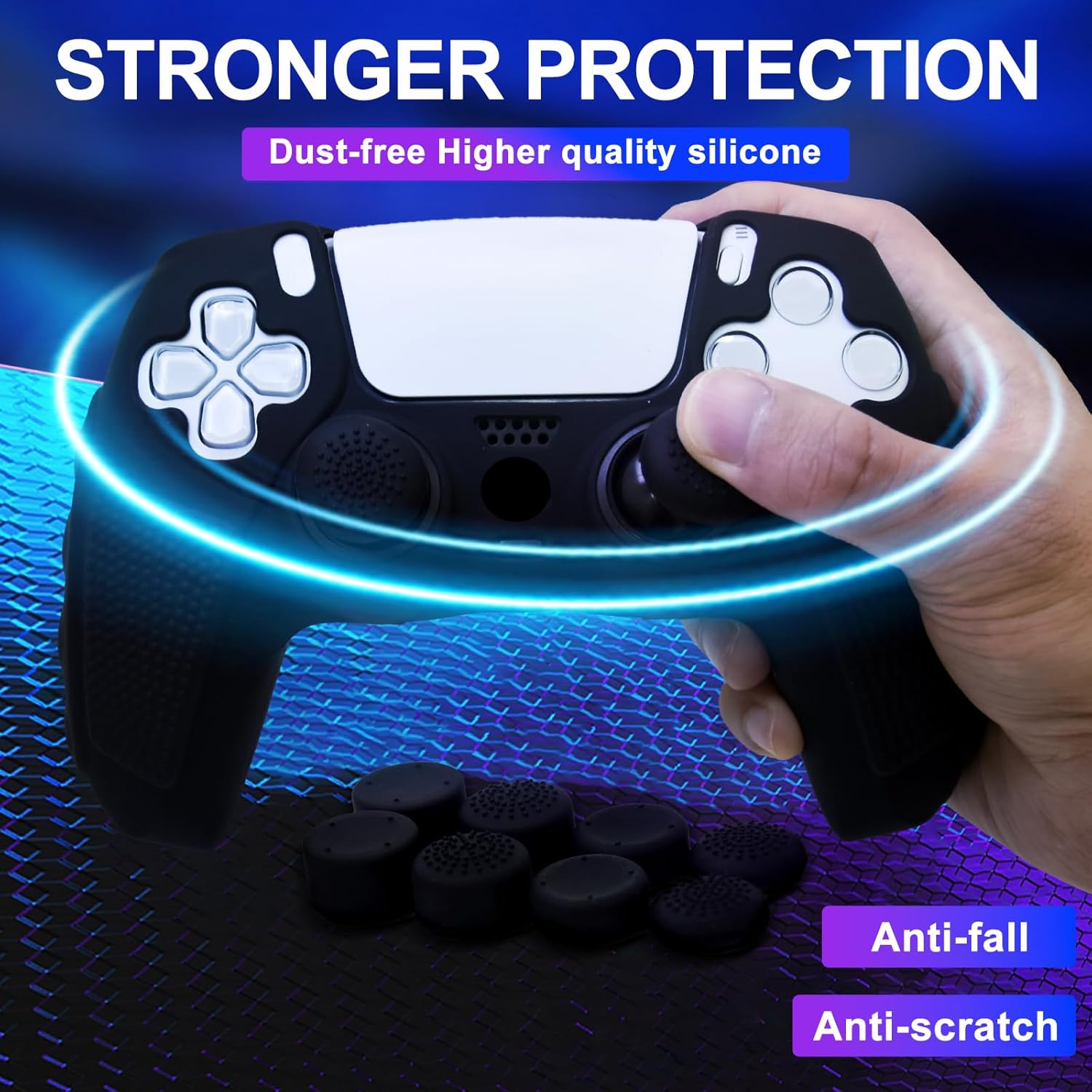 Anti-Slip Black PS5 Controller Skin,Soft Thicken Studded Protective Silicone Cover Skin Grips Compatible with PS5/Slim/Pro Controller with 8 PCS Thumb Grips Caps. - Image 6