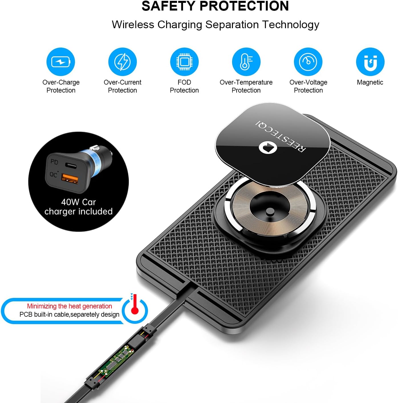 Magnetic Wireless Car Charger Pad, REESTECQI 15W Wireless Charging Pad for Magsafe Charger Wireless Charger for Car Non Slip Type C with 40W Car Charger for iPhone 16/15/14/13/12, Airpods (30CM Cable) - Image 2