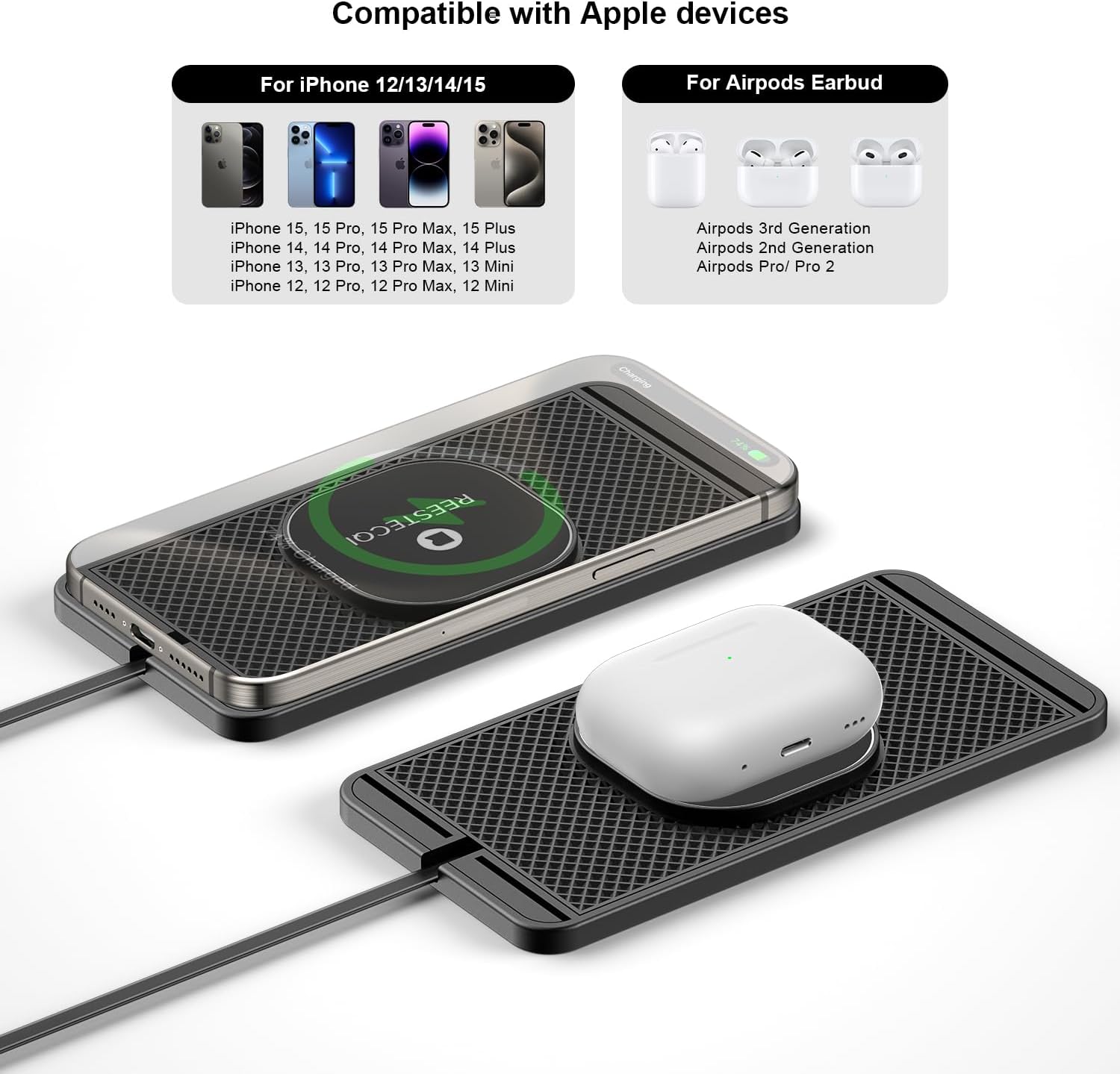 Magnetic Wireless Car Charger Pad, REESTECQI 15W Wireless Charging Pad for Magsafe Charger Wireless Charger for Car Non Slip Type C with 40W Car Charger for iPhone 16/15/14/13/12, Airpods (30CM Cable) - Image 5